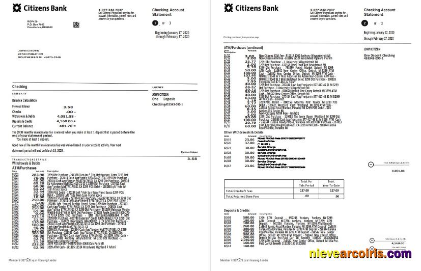 USA Citizens bank statement in Word and PDF format, (4 pages) good for address prove